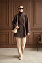 Side Collared Buttoned Crinkle Shirt Tunic - Brown
