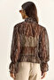 Women's Bitter Brown Gathered Sleeve Detailed Tie-Collar Patterned Chiffon Blouse 1033 60286091 - 7