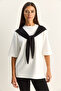 Women's White Black Shawl Detailed Oversize Basic T-Shirt 1094 60286118 - 4