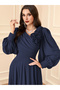 Dark Blue 3D Flower Detail Fold Pleat Maxi Dress