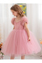 Girls Floral Mesh Lace Contrast Bow Detail Mesh Party Dress - 7