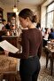 Women's Coffee V-Neck Soft Textured Lace Collar Long Sleeve Blouse Arm-26K001028 - 4