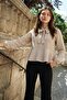 Women's Mink Halter Neck Blouse with Elastic Sleeves and Flounce Hem Arm-26Y001061 - 2