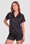 Black Lace Detailed Satin Shorts Woven Pajama Set