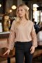 Women's Beige V-Neck Bat Sleeve Patterned Blouse Arm-26Y001065