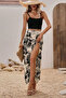 New Season Women's Rope Strap Round Neck Short Viscose Blouse and Patterned Slit Single Jersey Skirt Double Set - 2