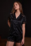 Black Lace Detailed Satin Shorts Woven Pajama Set - 2