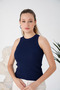 Navy Blue Zargo Model Fitted/Fitted Wide-Cut Halter Neck Ribbed Stretchy Knitted Crop Blouse