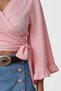 Pink V-Neck Tie-Detail Ruffled Sleeves Linen Blouse Alc-X15332 - 2