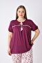 Women's Ring Viscose Plus Size Elegant Detailed Collar Short Sleeve Capri Pajama Set - 3