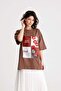 Women's Brown Oversize Printed Cotton Short Sleeve T-Shirt 31103