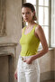 Women's Oil Green U-Neck Lined Sleeveless Sandy Fabric Blouse - 2