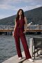 Women's Burgundy Linen Accessory Detailed Vest and Trouser Set Sleeveless Relaxed Fit - 2