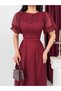 Burgundy Balloon Sleeve Mesh Fabric Midi Evening Dress - 3