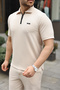 Men's Self-Patterned Zippered Jacquard Fabric 2-Piece Set-Beige - 3