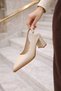 Women's Beige 7 Santim Heel Pointed Toe Women's Classic Leather Heeled Shoes Non-Slip Sole - 4