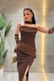 Atlas Fabric Pencil Dress with Ruffle Collar and Glove Detail - Brown - 4