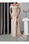 Stone Low Shoulder Draped Lace Fabric Evening Dress - 5