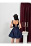 Navy Blue Square Neck Satin Evening Dress with Belt Detail - 7