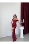 Burgundy Boat Neck Slit Long Satin Evening Dress - 2