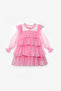 Pink Foil Star Printed Layered Girls' Dress - 2