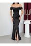 Black Boat Neck Slit Long Satin Evening Dress - 5