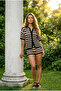 Summer Two-Piece Knitwear Set with Buttoned Front, Striped Openwork Design and Shorts - 5