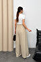 A Pleated Wide-Leg Linen Palazzo Trousers with Elastic Waist at the Back 9064 - Beige - 8