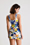 Viscose Elastane Ring Detailed Halter Neck Mini Dress |   Elb36662 Yellow Cobalt Blue Flowered - 5