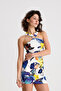Viscose Elastane Ring Detailed Halter Neck Mini Dress |   Elb36662 Yellow Cobalt Blue Flowered - 7