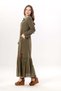 Long Sleeve Zühre Embroidery Detailed Lace Collar Pocketed Voile Long Dress Khaki Hk - 5