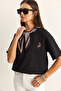 Women's Black Ceylan Embroidered Scarf Basic Casual T-Shirt 7517 60283977 - 3