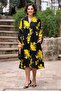Robadan Pleated Black Dress with Yellow Roses