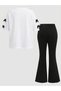 Girl's White T-Shirt with Ribbon and Ribbon Print Sleeves-Black Spanish Leggings Set - 3