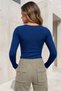 Women's Blue Colorful Crew Neck Long Sleeve Ribbed Camisole Blouse Body