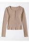 Women's Camel Color Crew Neck Long Sleeve Ribbed Camisole Blouse Body - 7
