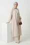Women's Pink Alaçatı Linen Hooded Striped Hijab Top and Bottom Set - 2
