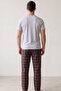 Gray Black Burgundy Plaid Patterned Pocket Embroidery Knitted Short Sleeve Pajama Set 8000 - 3