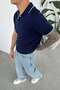 Navy Blue Stripe Detailed Basic Knitwear Polo Neck T-Shirt - 2