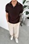 Brown Stripe Detailed Basic Knitwear Polo Neck T-Shirt