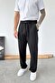 Black Elastic Waist Linen Trousers - 2