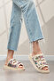 Double Buckle Natural Stone Embellished Tassel Slippers - 3