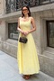 Women's Yellow Square Collar Lined Brode Woven Dress - 4