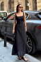 Women's Black Square Collar Lined Brode Woven Dress - 3