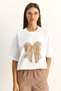 Women's White-Beige 100% Cotton Crew Neck Velvet Bow Printed Oversize T-Shirt Öt261034 60286083 - 2