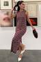 Burgundy Crew Neck Striped Casual Dress Mg2803 - 3