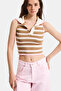 Women's Coffee Beige S6-98 Crop Fit Polo Neck Slim Summer Knitwear Bodysuit - 6