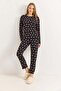 Women's Crew Neck Pink Heart Printed Pajama Set Black