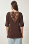 Lace Detailed Oversize Modal T-Shirt Lnt0030 Brown - 4