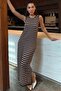 Brown Crew Neck Striped Casual Dress Mg2803 - 3